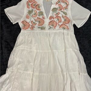 Entro White Dress with Coral Floral Embroidery